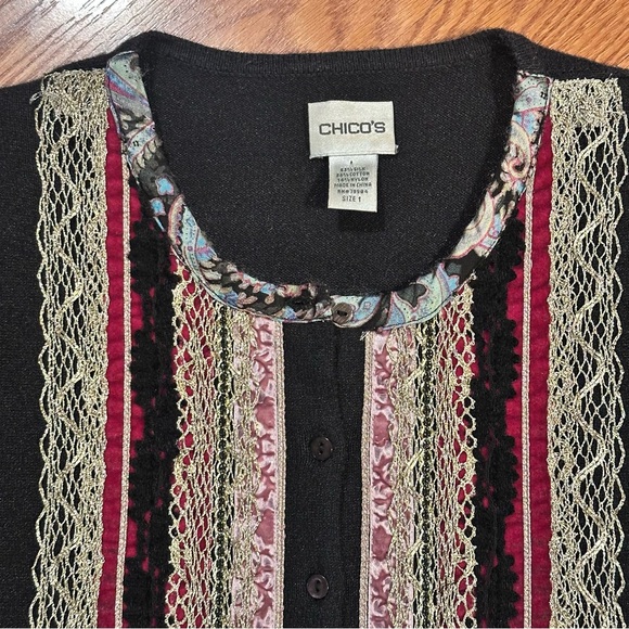 Vintage Chico's Silk Blend Knit Cardigan with Lace velvet metallic size M - Picture 2 of 7